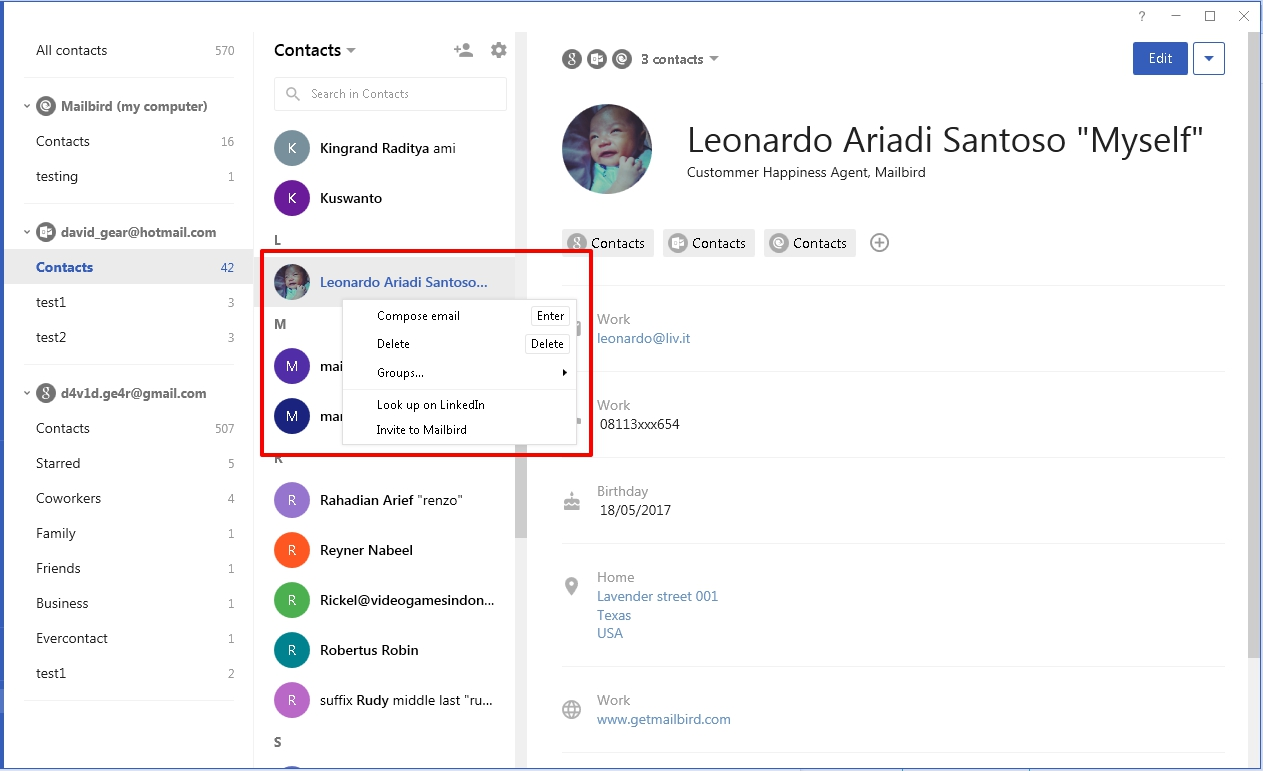 how do i display my mailbird contact details