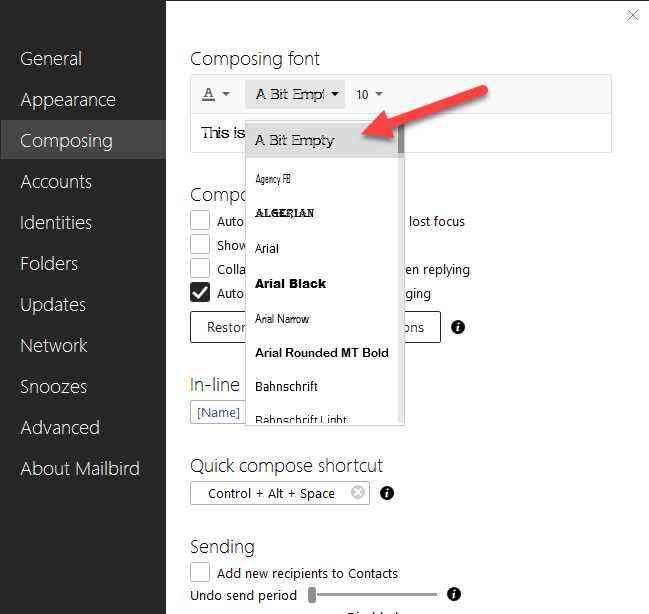 how to set the font size of mailbird panel