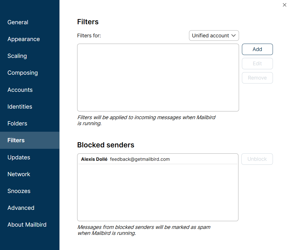 how to block senders in mailbird