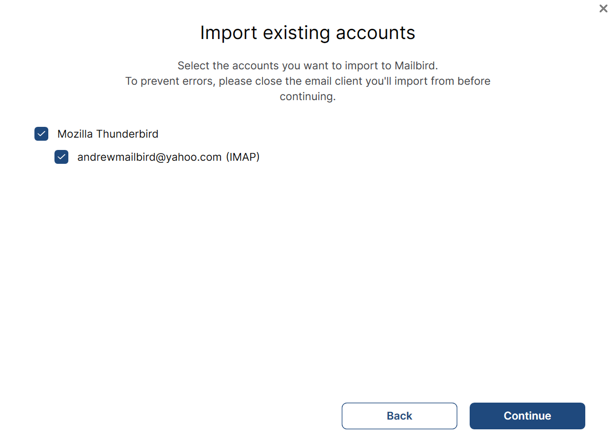 mailbird import existing account