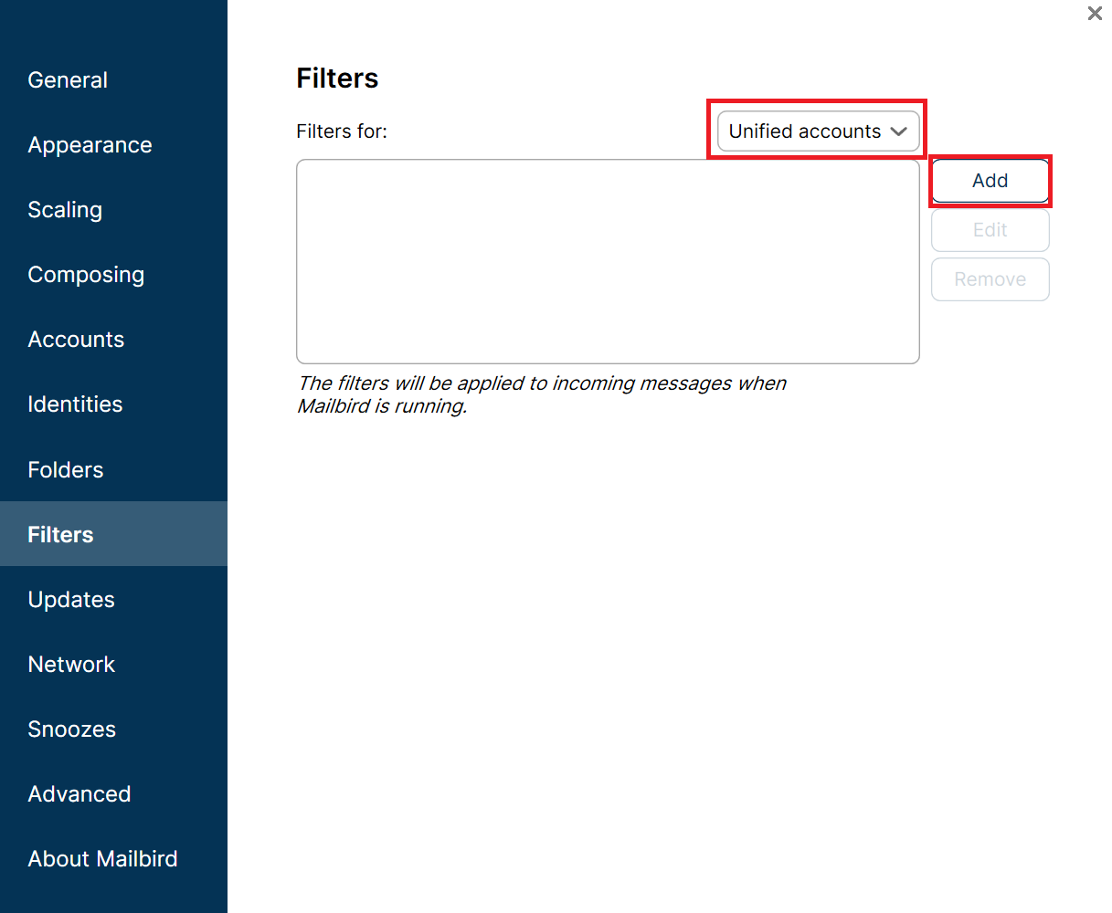 mailbird message filters and rules