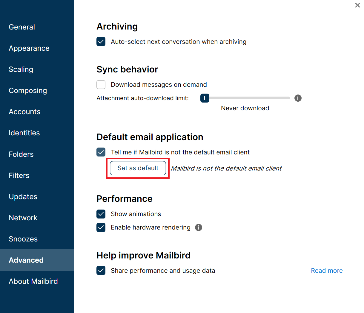 how do i set mailbird to check email automatically