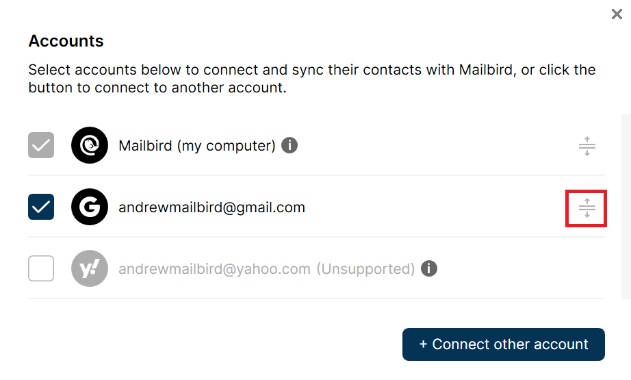 Adding or removing an account from the Contacts App Mailbird