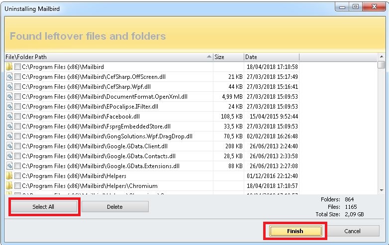 mailbird delete cache