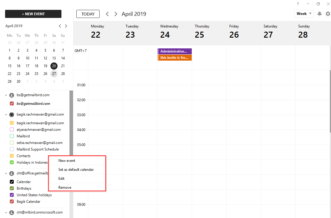 change default calendar account mailbird