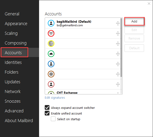 how to add an account to mailbird