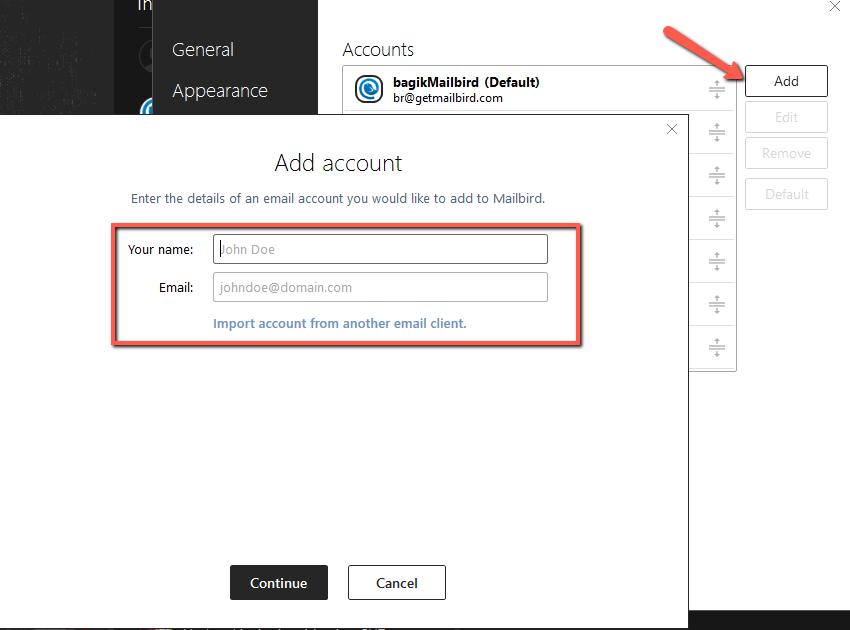 how to add an account to mailbird