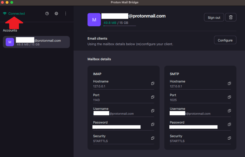 Proton Mail Bridge connected status