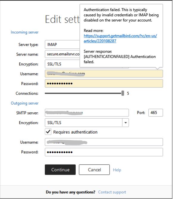 mailbird server authentication failed outlook