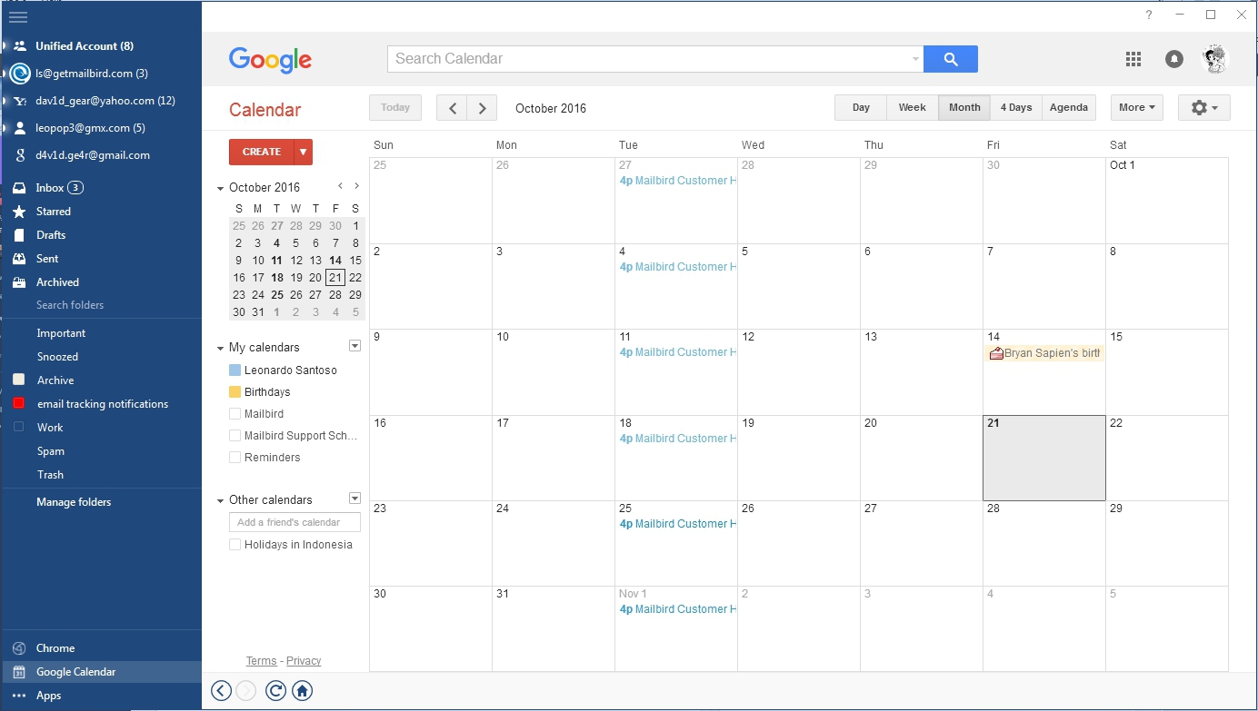 mailbird gmail calendar