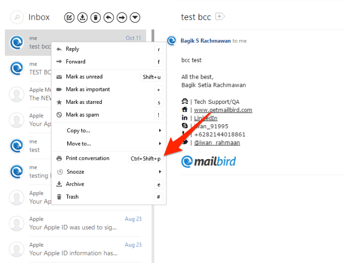mailbird will not print conversation