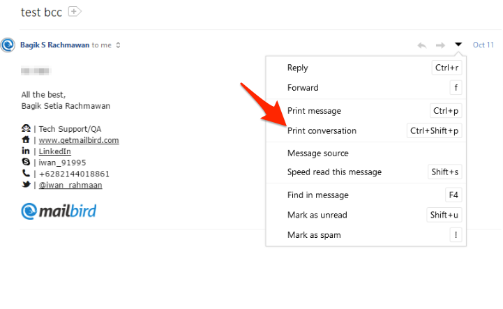 mailbird print multiple conversations